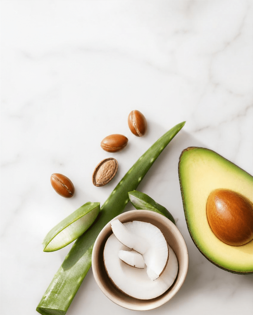Ingredientes naturales — aceite de argán, aloe vera, aguacate