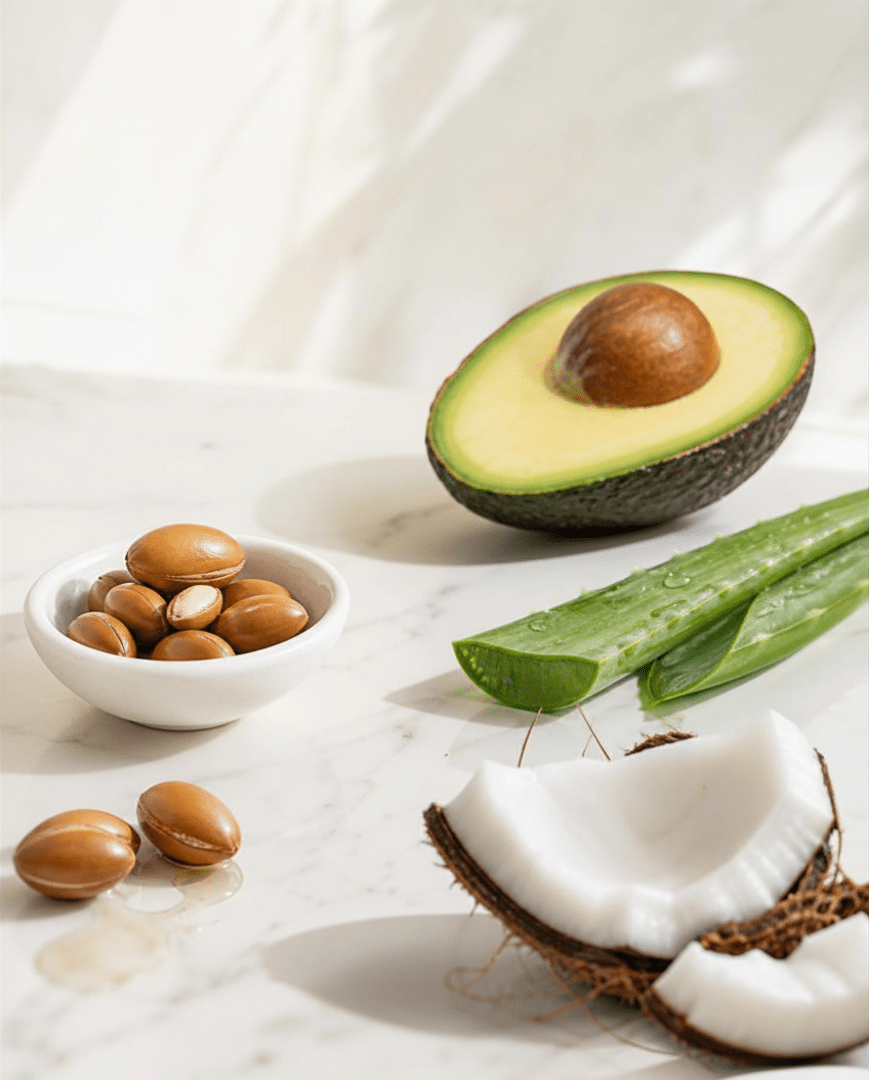 Ingredientes naturales — coco, argán, aloe vera